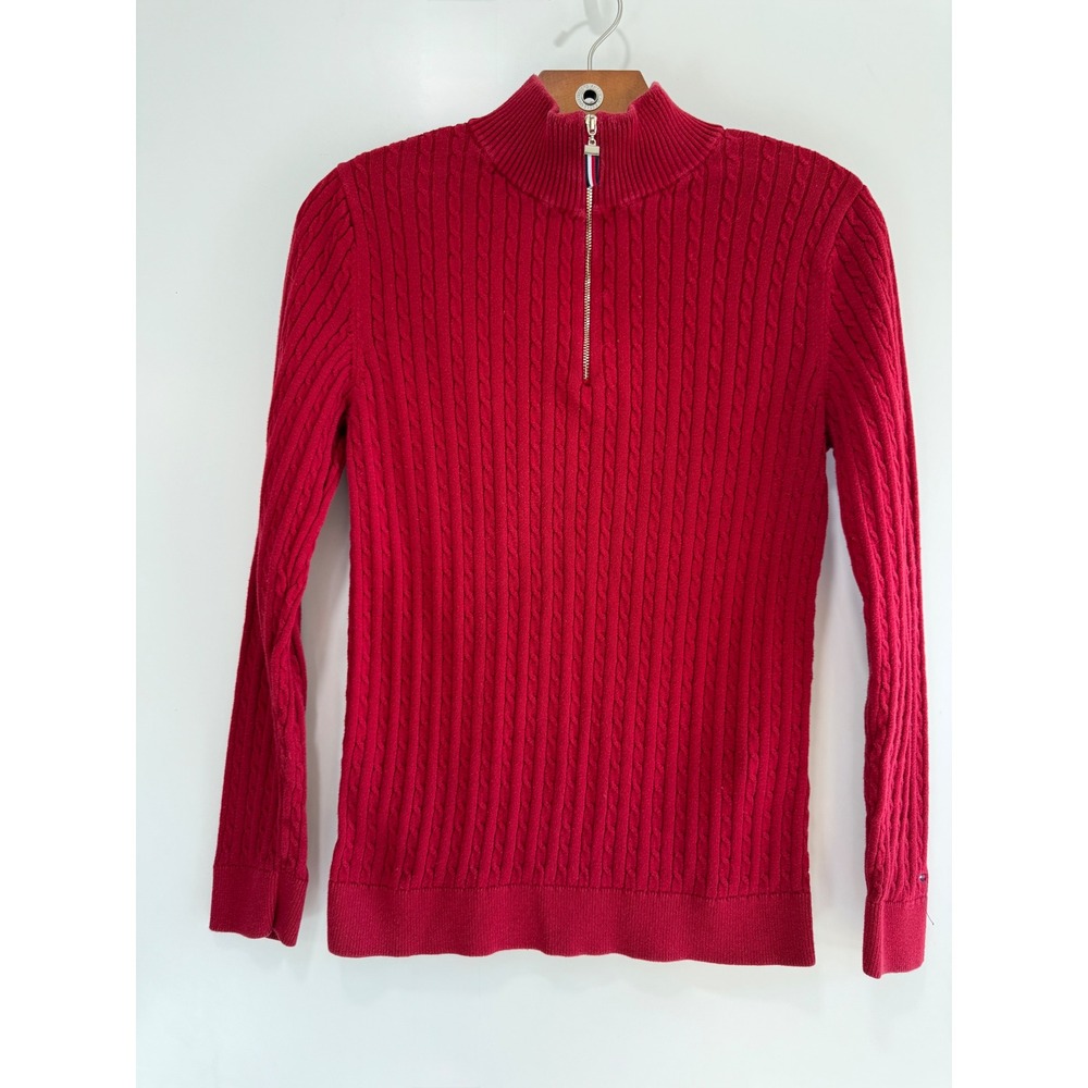 Tommy Hilfiger Womens Red Cable Knit Quarter Zip Sweater Mock Neck Size M